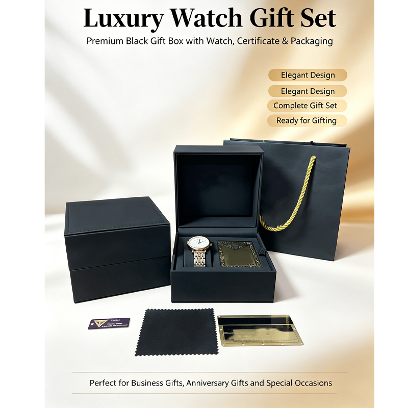 luxury watch gift box set matte black pu leather watch case with watch gift bag cleaning cloth card custom logo business gift-3