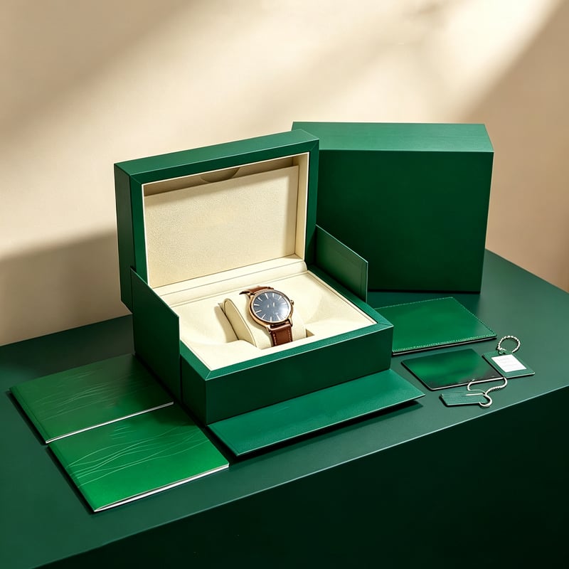 Luxury Green PU Leather Watch Gift Box Complete Packaging Set With Manual Card Certificate Gift Bag Custom Logo Single Watch Storage Display Box