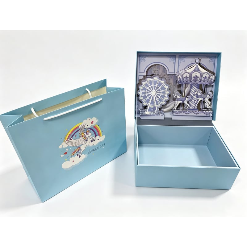 Custom Gift Box with 3D Pop-Up Liner and Matching Paper Bag