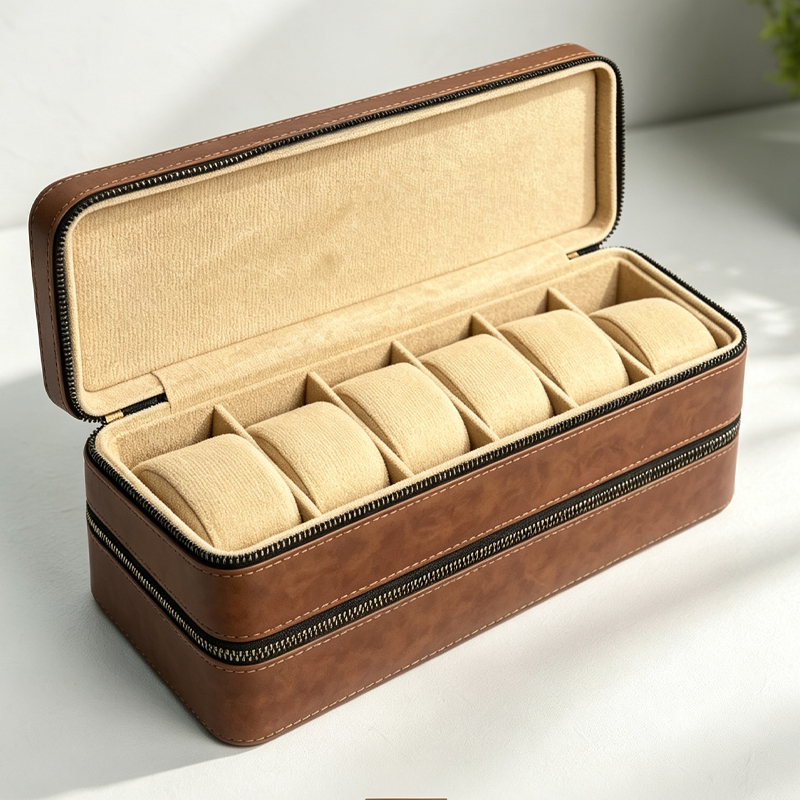 6 Slots Vintage Brown PU Leather Travel Watch Storage Case Zipper Portable Watch Collection Box Custom Logo Watch Display Organizer Box