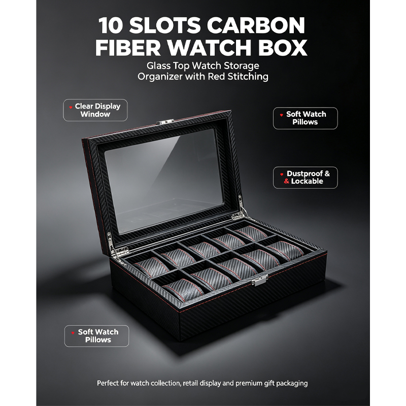 10 slots carbon fiber pu leather watch storage box red contrast stitching glass top velvet watch pillows collector display organizer case with metal lock-1