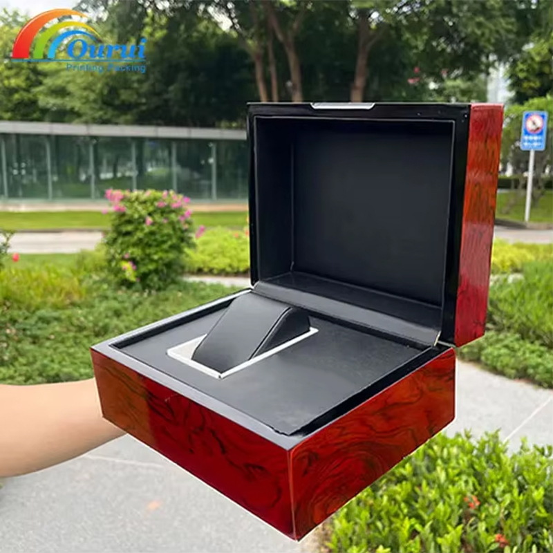 High-End Wooden Watch Display Box, Sleek Red Wood Grain Watch Storage Case