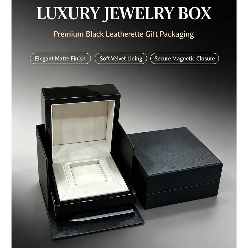custom logo double door black wooden watch box luxury engagement ring jewelry gift packaging box with microfiber liner-1