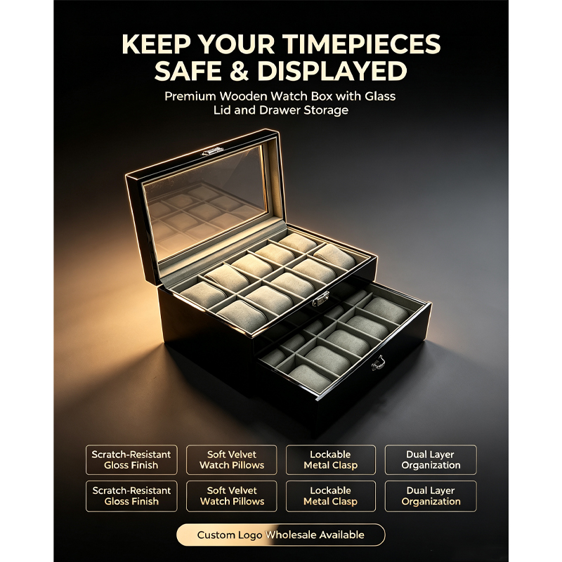 glossy black piano paint wooden watch storage box double layer drawer glass top 20 slots watch display organizer case with removable watch pillows-2