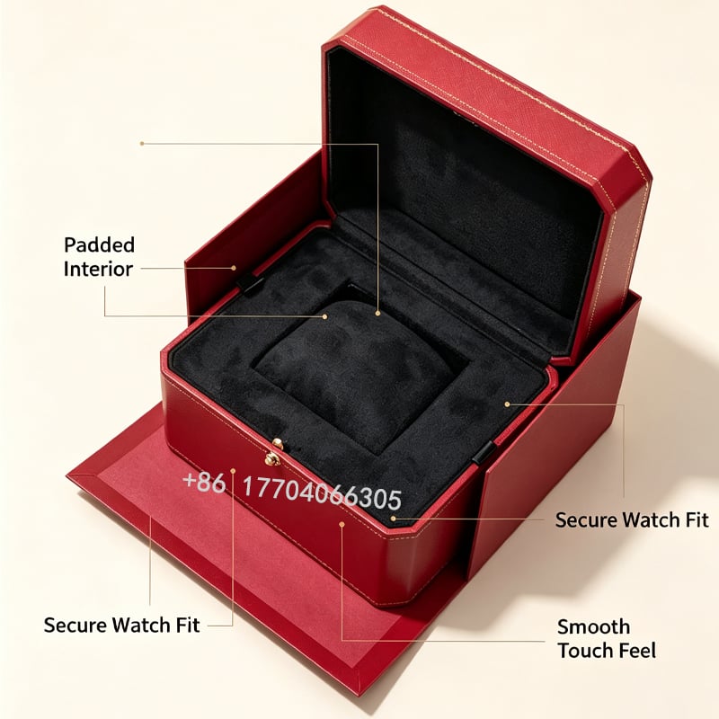 Luxury Red PU Leather Single Watch Gift Box Octagon Double Door Watch Presentation Box With Black Velvet Lining Custom Logo Brand Watch Storage Packaging Box