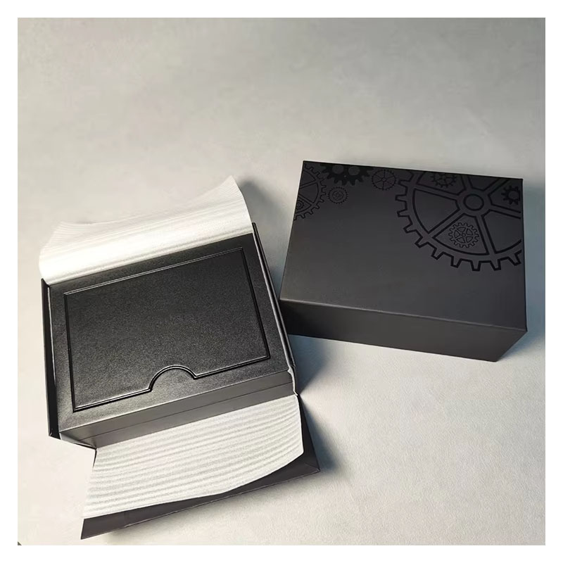 Matte Black Rigid Paper Watch Box Custom Embossed Logo Single Wristwatch Packaging Box With Velvet Insert Inner Liner