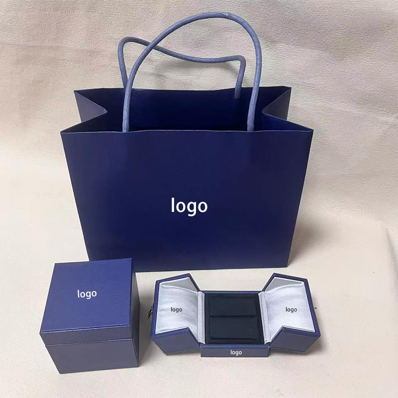 Custom Logo Dark Blue PU Double Door Watch Gift Box Set Luxury Wristwatch Packaging Box With Outer Paper Box And Matching Gift Handbag For Watch Brand Retail