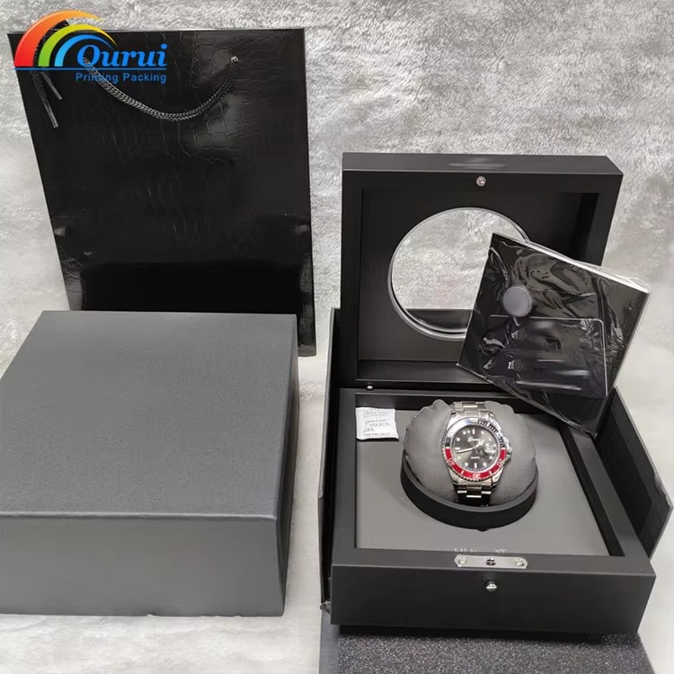 Luxury Black Watch Box Set with Window Display, Premium Watch Packaging Box with Gift Bag