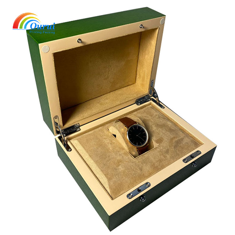 Green Textured Wooden Single Watch Box, Soft Suede Lining Wristwatch Storage Case with Metal Hinges, Custom Logo Luxury Watch Presentation Gift Packaging Box
