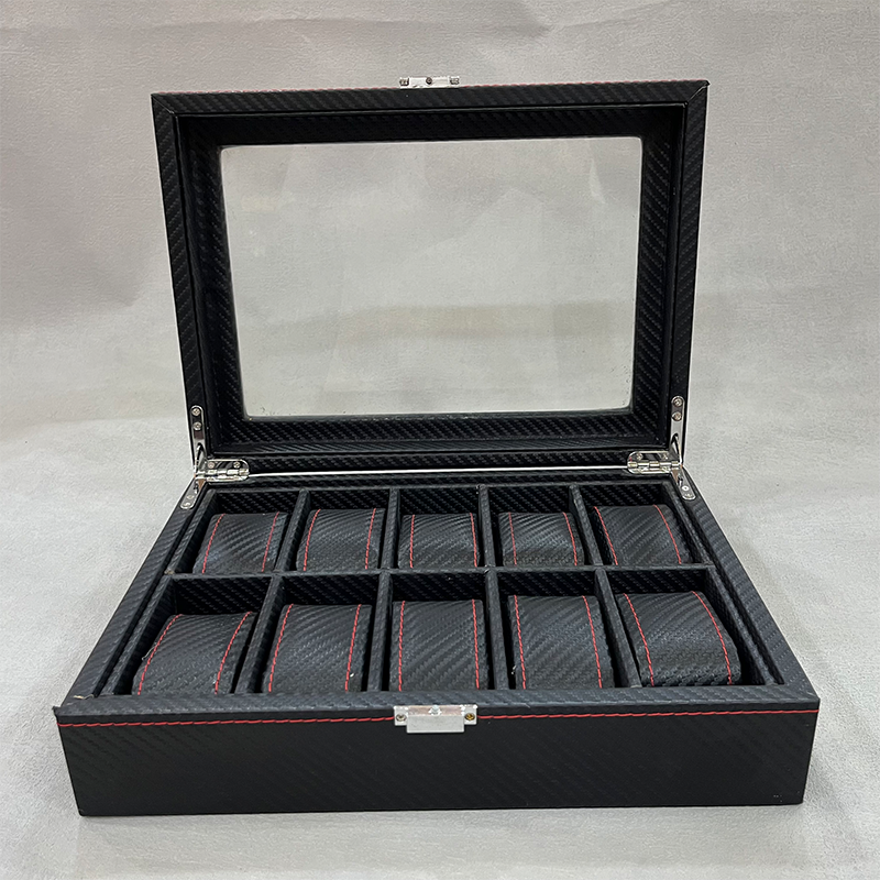 10 Slots Carbon Fiber PU Leather Watch Storage Box Red Contrast Stitching Glass Top Velvet Watch Pillows Collector Display Organizer Case With Metal Lock