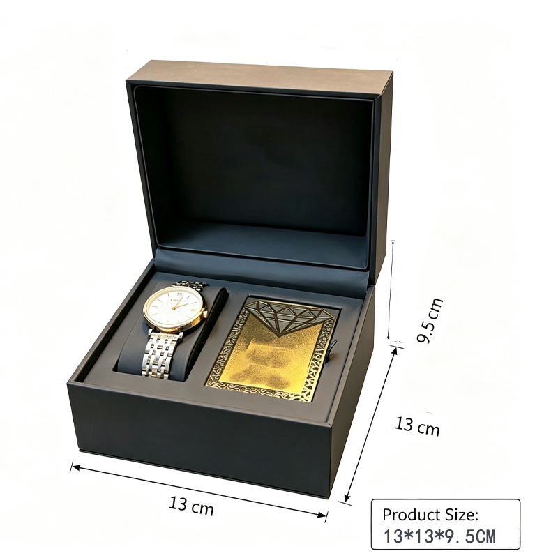 luxury watch gift box set matte black pu leather watch case with watch gift bag cleaning cloth card custom logo business gift-2