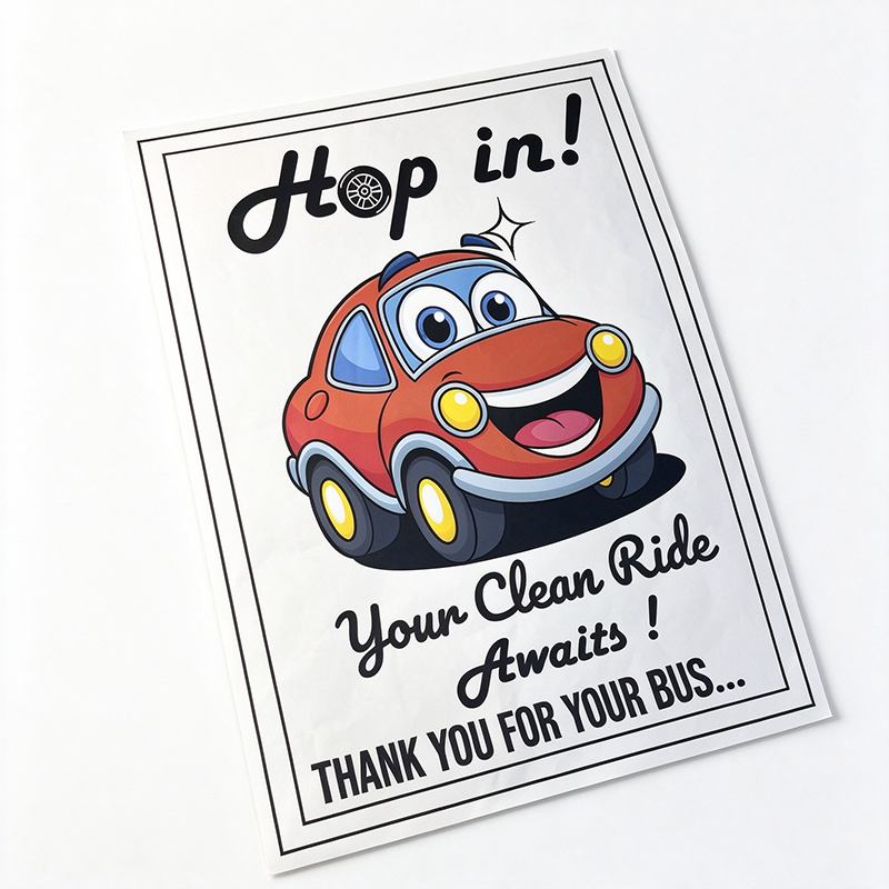 250g heavy‑duty waterproof disposable car floor mat paper, cartoon red car print “Hop in!” glossy sample sheet(741562a48e).png