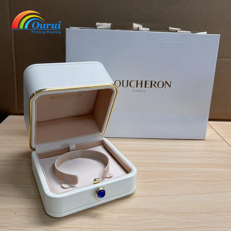 Boucheron Paris Style White Leather Bangle Box with Gold Trim and Blue Stone Clasp