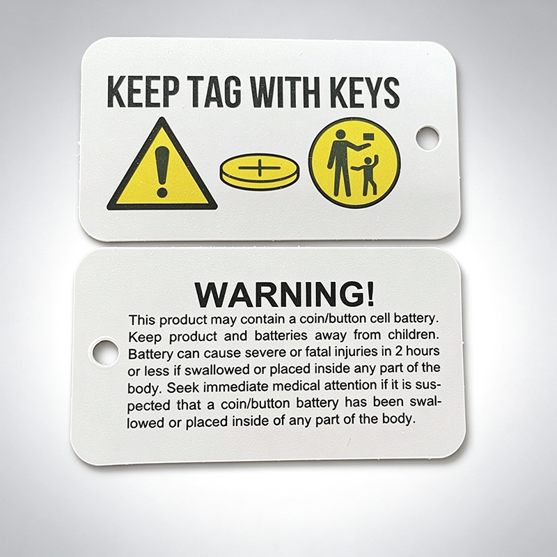 Double sided printed car key button battery warning hang tags with safety warning symbols.png