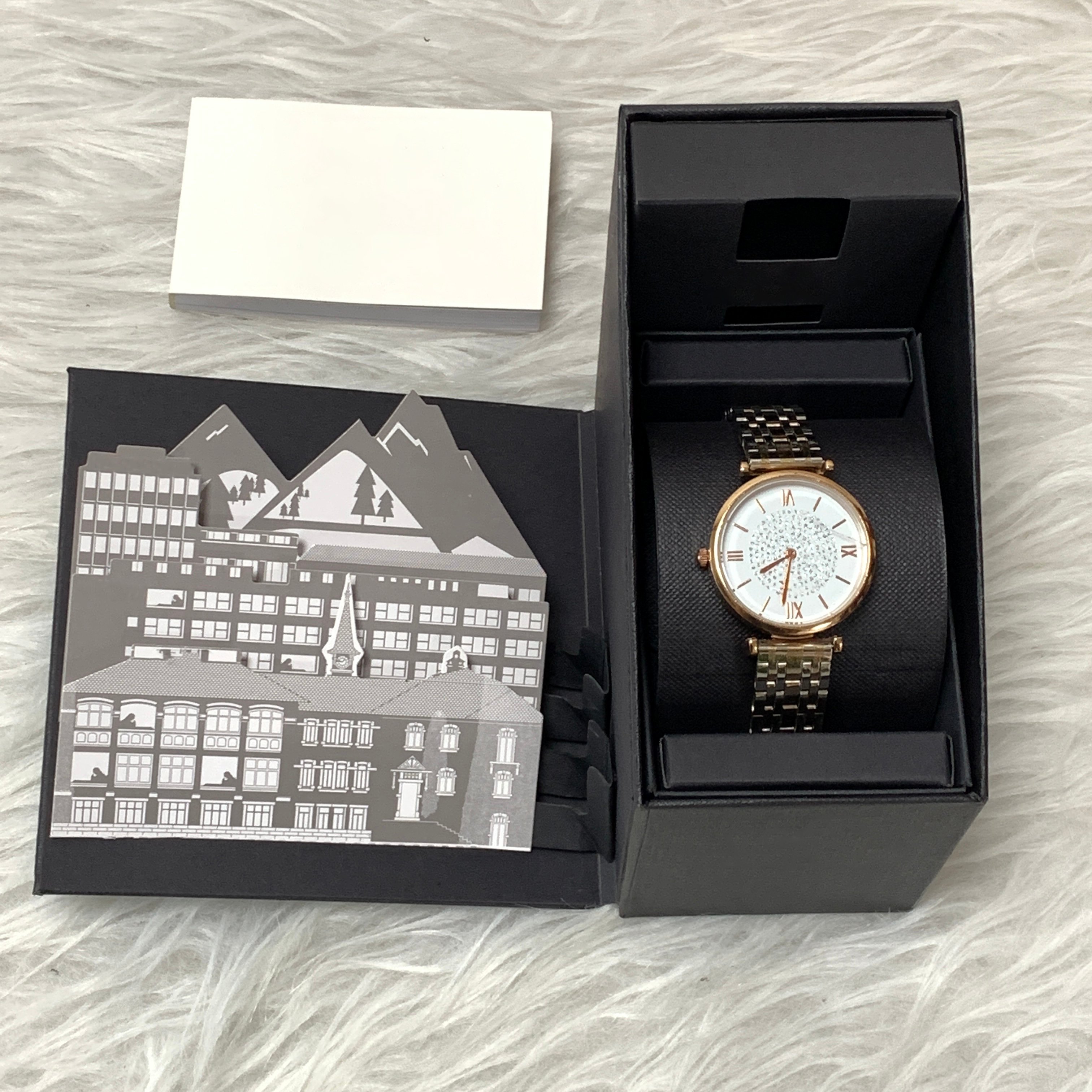 Custom Black Paper Watch Gift Box 3D Pop-up Landscape Design Watch Packaging Box With Blank Greeting Card For Wristwatch Gift Packaging