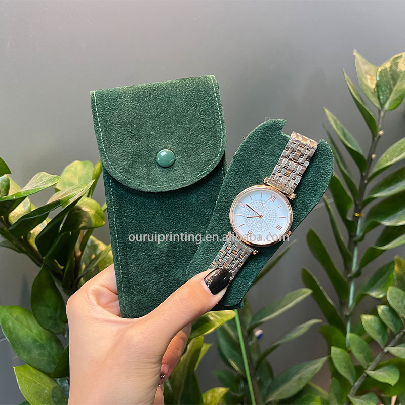 Portable Suede Watch Pouch, Green Velvet Watch Bag with Button for Travel & Daily Storage