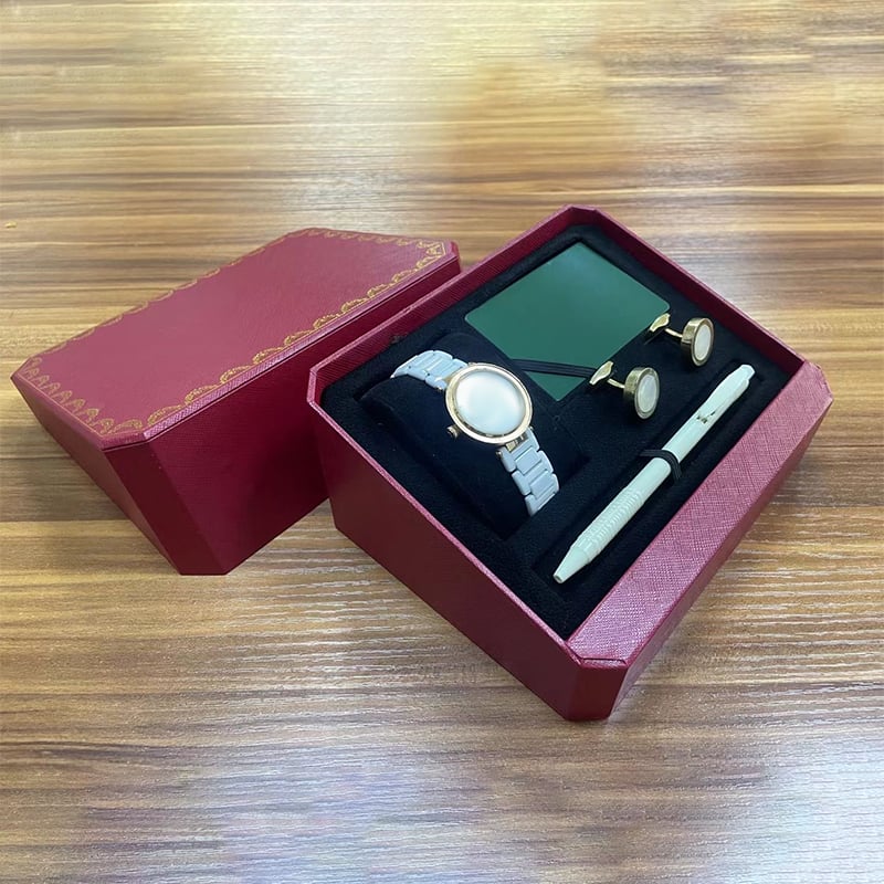Luxury Red PU Leather Business Gift Box Custom Logo Watch Pen Cufflinks Wallet Gift Set Packaging Box With Black Foam Insert For Corporate Promotion Gift