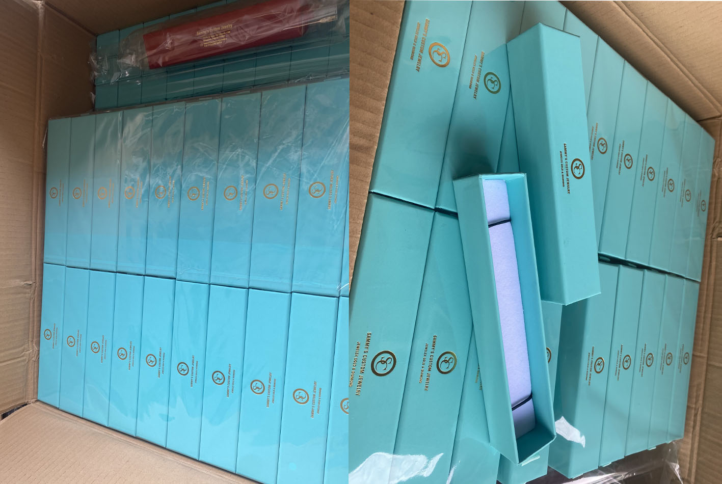 Custom Cyan Paper Jewelry Gift Box Gold Foil Logo Long Bracelet Bangle Necklace Packaging Boxes Luxury Custom Jewelry Packaging Wholesale