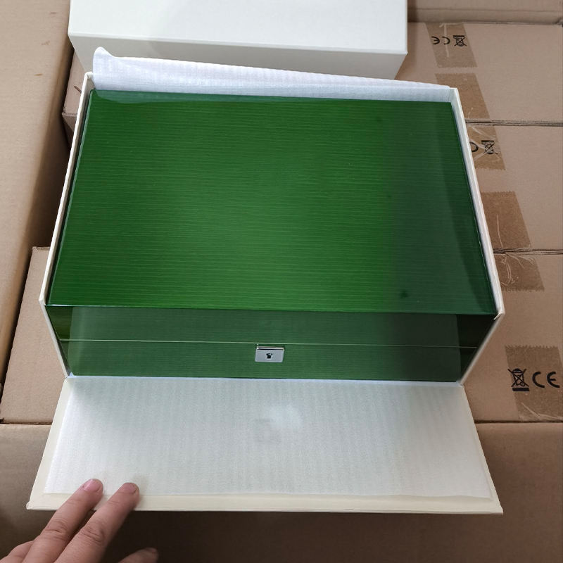 Luxury gift box packaging for green wooden watch storage case, ready for gift giving.png