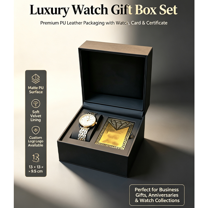 Luxury Watch Gift Box Set Matte Black PU Leather Watch Case with Watch Gift Bag Cleaning Cloth Card Custom Logo Business Gift