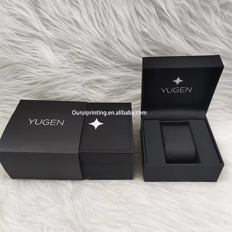 Custom Logo Black PU Leather Single Watch Box Luxury Rigid Cardboard Watch Packaging Gift Box With Sleeve