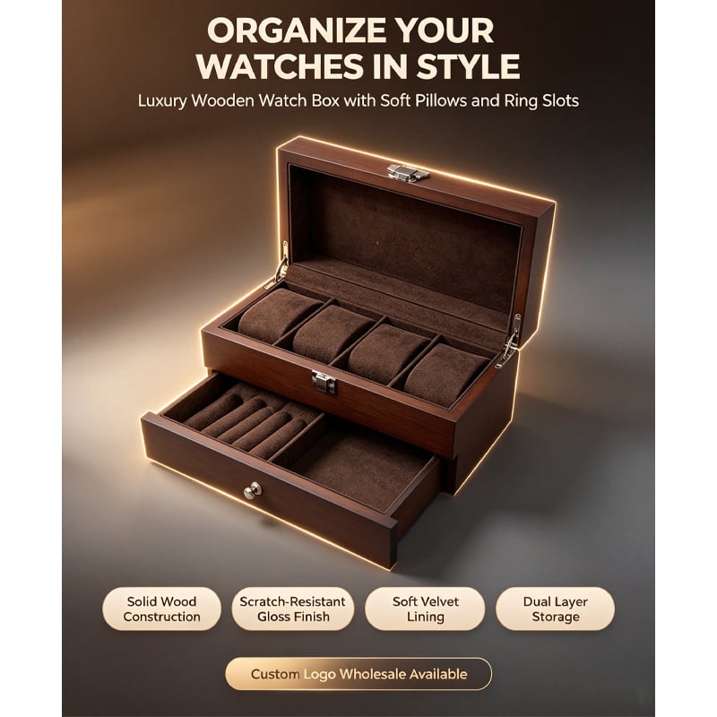 dark brown solid wood watch storage box double layer drawer velvet lined 4 slots watch pillow ring bracelet jewelry organizer display case-2