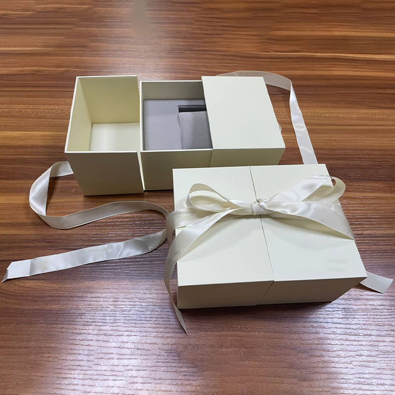 Luxury Double Door Jewelry Watch Gift Box Custom Logo Cream Paper Packaging Box With Satin Ribbon Foam Insert For Watch Bracelet Jewelry Packaging