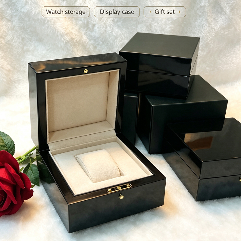 high gloss black piano lacquer wooden single watch box velvet lining luxury wooden watch gift packaging box custom logo-2