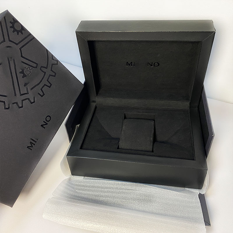 Custom Logo Black Watch Box with Gear Pattern, Luxury Rigid Watch Packaging Box with Velvet Lining
