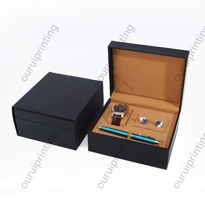 Custom Logo Black Leather Gift Box Set for Men, Watch Cufflink Pen Gift Packaging Box Luxury Business Corporate Gift Packaging Box