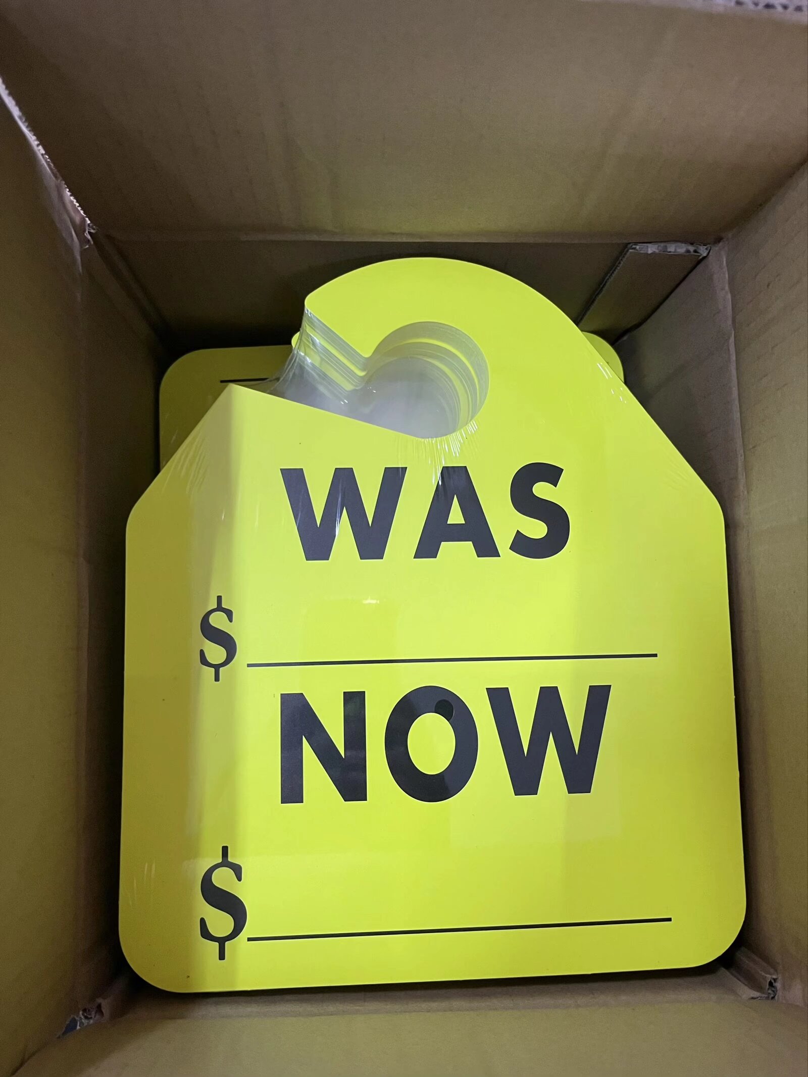 Bulk yellow fluorescent WAS NOW price hang tags shrink wrapped and packed in export carton for wholesale.jpeg
