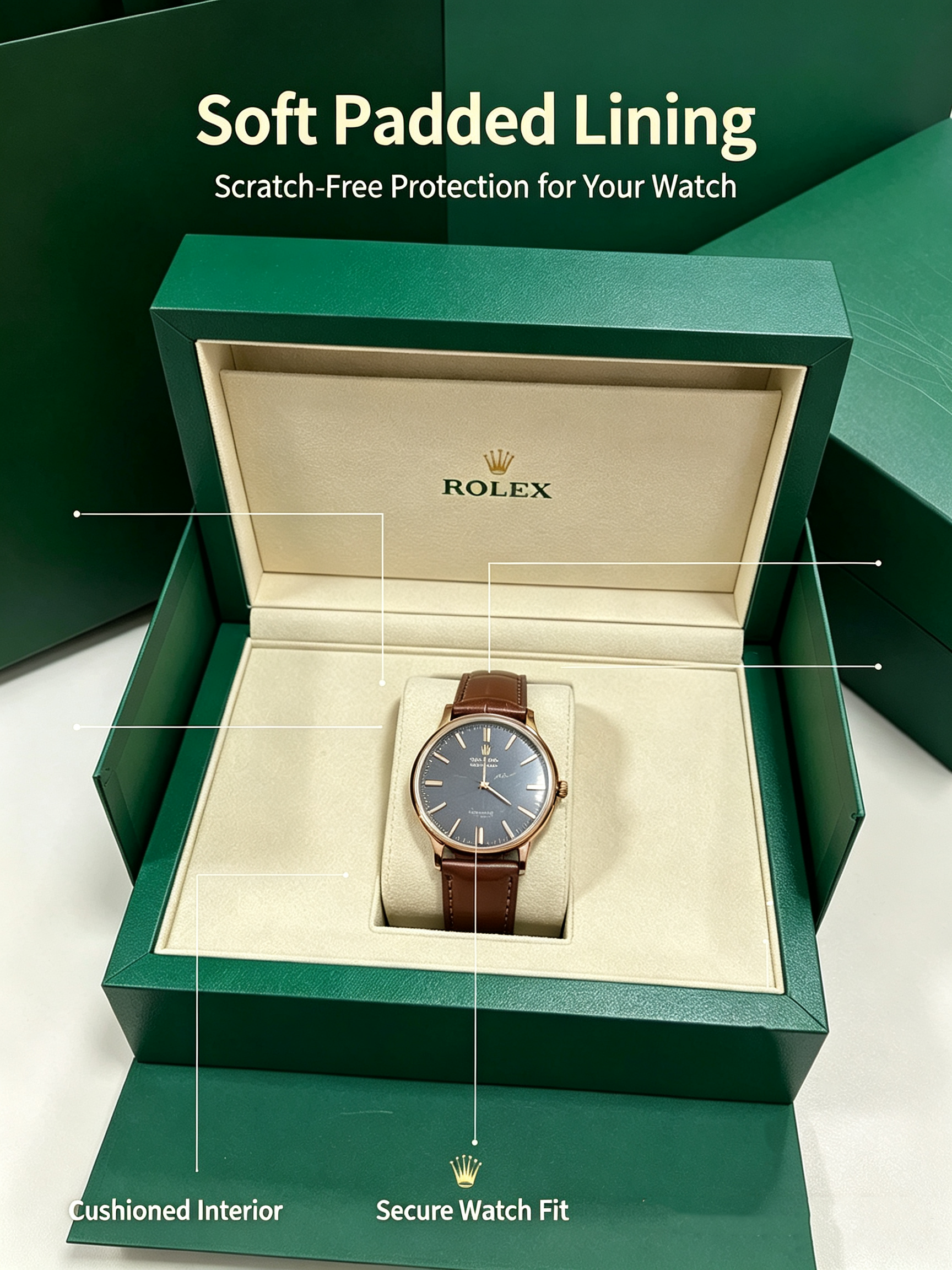 Soft padded lining interior watch protection Soft padded lining interior watch protection