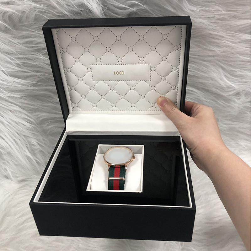 Custom Logo Flip Watch Gift Box PU Leather Outer Shell Acrylic Inner Tray Luxury Rigid Wristwatch Packaging Box With Quilted Stitched Lid Lining
