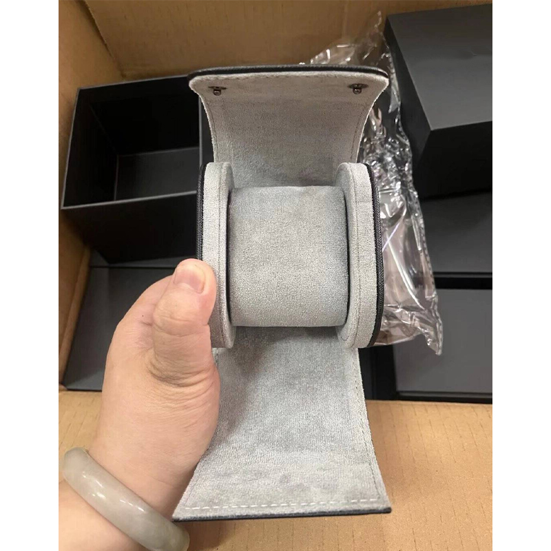 Open PU leather watch roll case with soft gray suede interior, portable watch holder ready for gift box packing.jpg