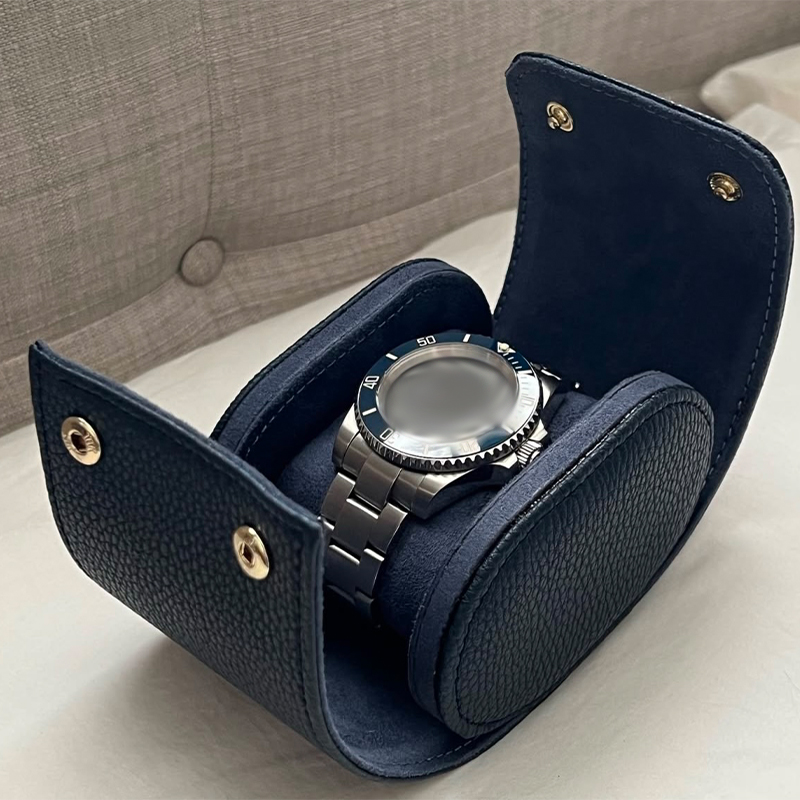 Single Watch Travel Case, Navy Blue Leather Watch Roll Pouch Portable Wristwatch Storage Box for Business Travel Gift