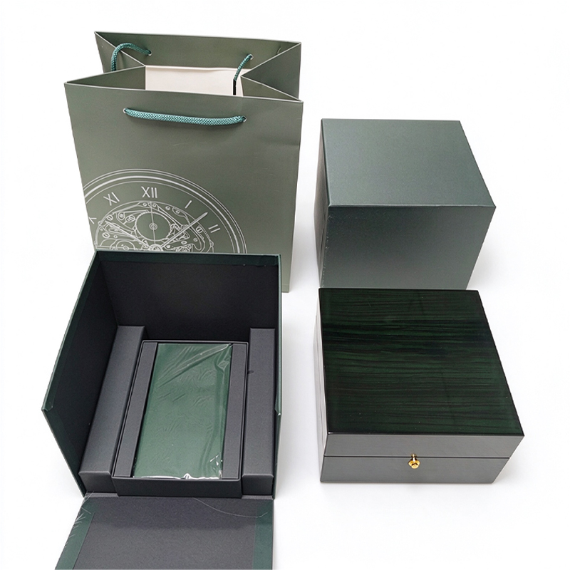 Dark green luxury wooden watch box set with printed watch pattern gift bag, complete watch packaging kit.jpg