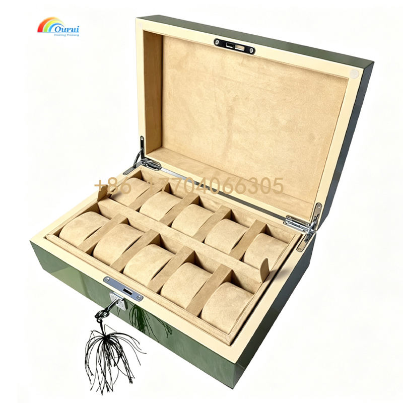 Green Wooden Watch Box 10 Slots, Piano Finish Solid Wood Watch Storage Case With Lock, Velvet Interior Watch Display Box For Men Watch Collection