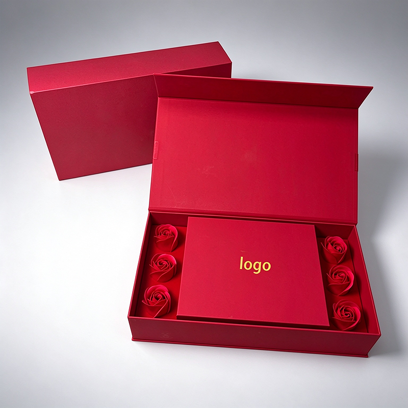 Custom Logo Luxury Red Magnetic Gift Box With Artificial Rose, Foldable Rigid Paper Box For Jewelry Cosmetic Valentine Gift Packaging