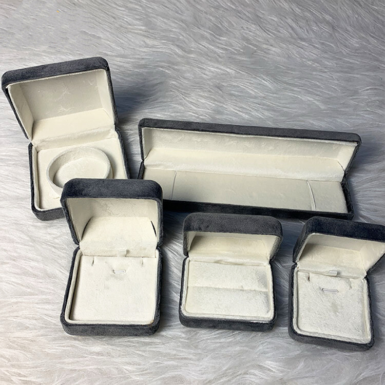 Wholesale Multi-size Grey Velvet Jewellery Boxes, Hinged Flip Top Ring Earring Bracelet Necklace Storage Gift Box Custom Brand Print
