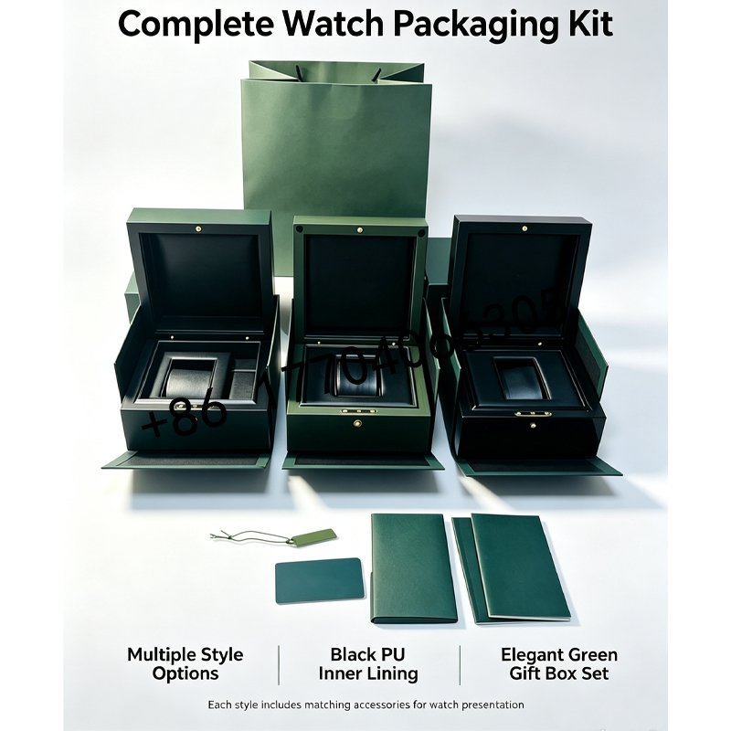 Complete watch packaging kit infographic, multiple box options, green gift set with matching accessories(eb702252f5).jpg