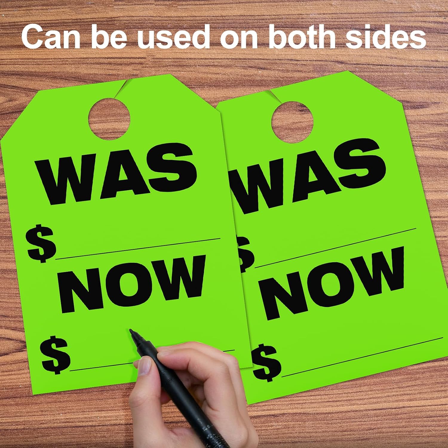 Double-sided usable fluorescent green WAS NOW sale hang tags, writable car dealership price tags, both sides can be written on for vehicle discount marking.jpg