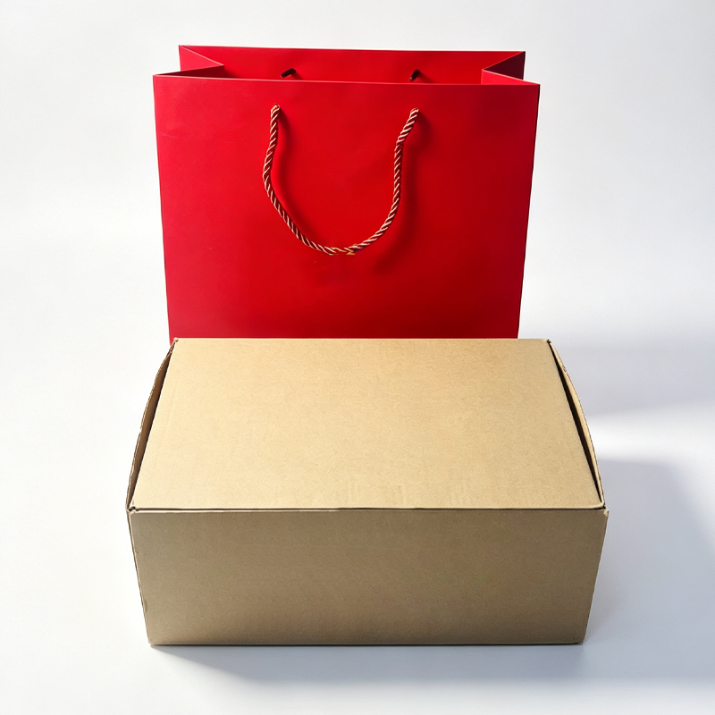 Red gift bag and brown shipping carton for wood watch box set(0c4faf3482).jpg