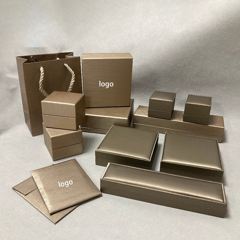 Bronze PU Jewelry Box Set Custom Logo Ring Necklace Bracelet Packaging Box Complete Gift Box With Matching Paper Bag Envelope For Jewelry Brand