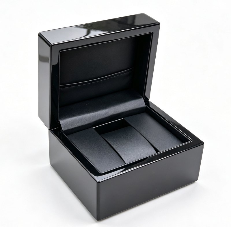 Black watch box with hinged lid, PU lining and lid document pocket.jpg