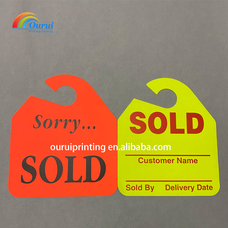 Custom Printed Fluorescent Car SOLD Hang Tags Waterproof Plastic Vehicle Sold Tags Auto Dealership Window Hanging Tags With Customer Name Delivery Date Blank Writing Area