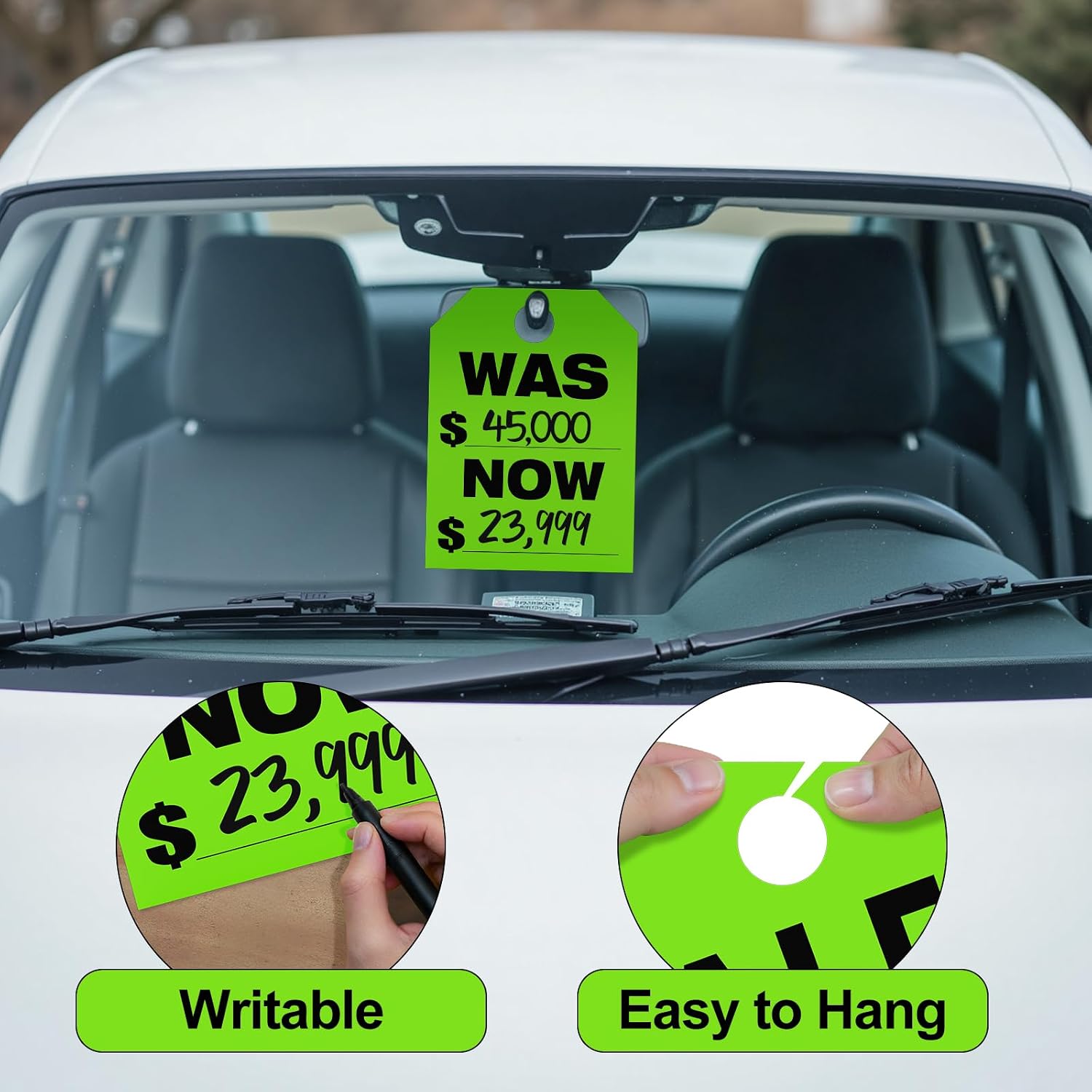 Fluorescent green WAS NOW price hang tag hanging on car rearview mirror, writable surface and pre-punched hole easy to hang, auto dealership vehicle sale label.jpg