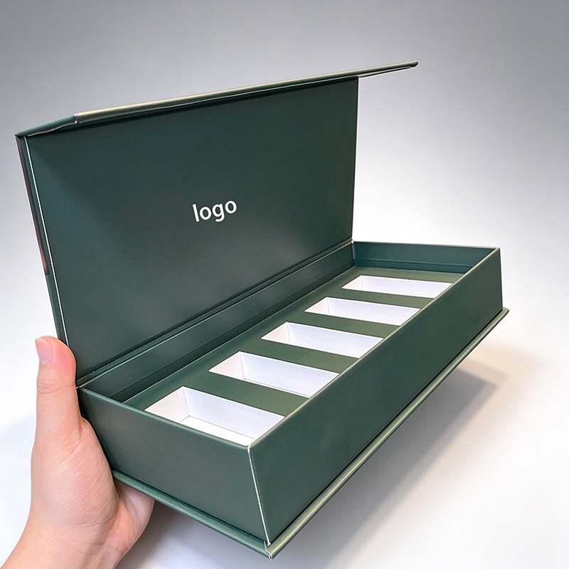 Custom Logo Dark Green Rigid Magnetic Gift Box, 5 Slots Essential Oil Paper Packaging Box For Essential Oil Bottles, Customizable Insert