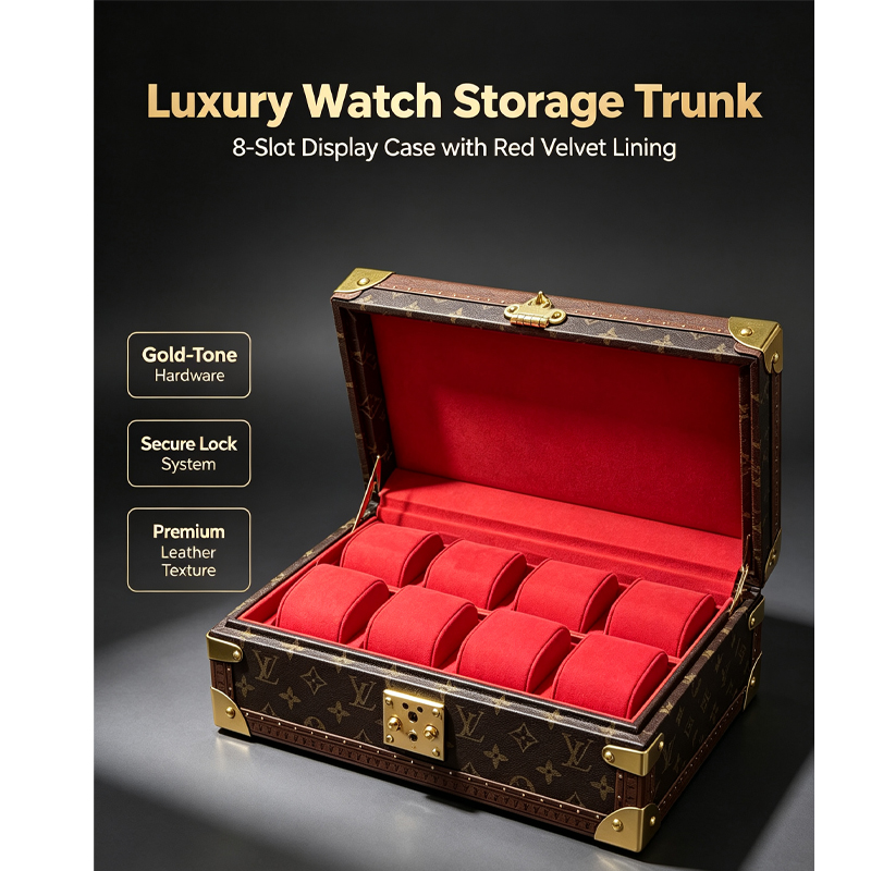 dark grey cowhide texture watch collector box 8 position velvet cushion interior metal corner protector secure lock watch organizer case-2