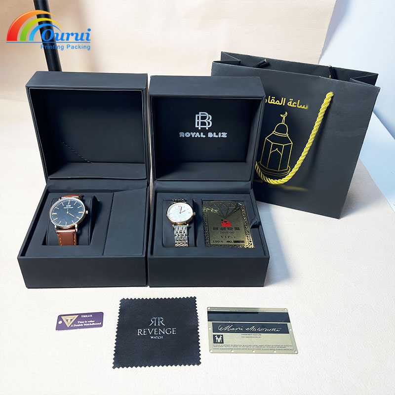 Custom Logo Black Watch Gift Box Set with Cleaning Cloth, Warranty Card & Gift Bag, Luxury Watch Packaging Box