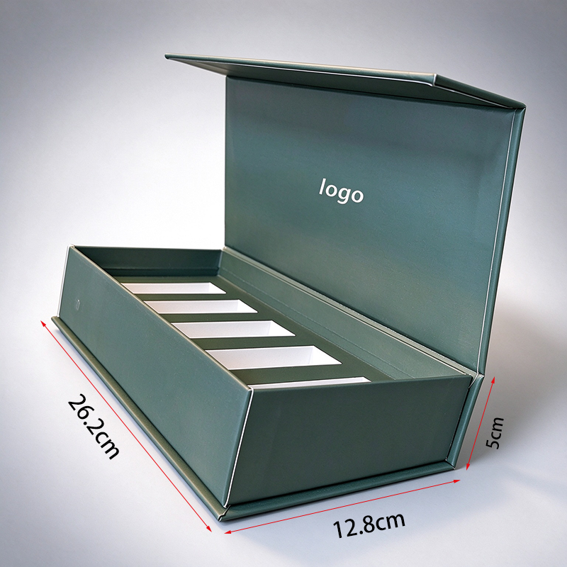 Custom Logo Dark Green Rigid Magnetic Gift Box, 5 Slots Essential Oil Paper Packaging Box For Essential Oil Bottles, Customizable Insert